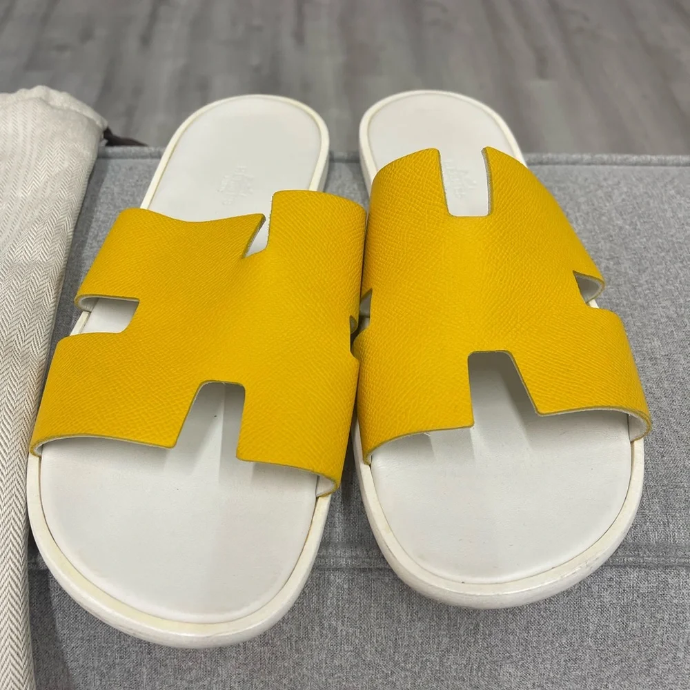 Hermes Yellow Oran Leather Slide Sandals